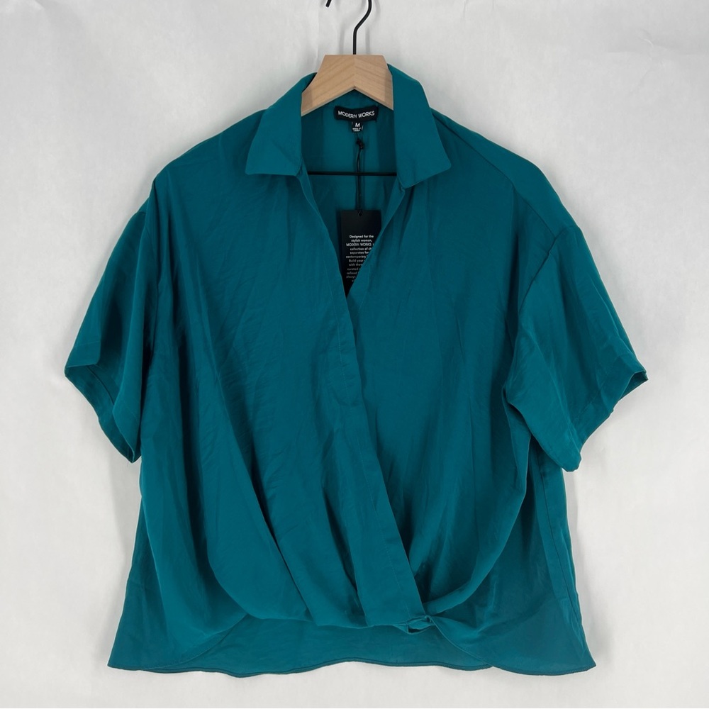 Modern Works Teal Lightweight Crossover Front Faux Wrap Short Sleeve‎ Blouse M